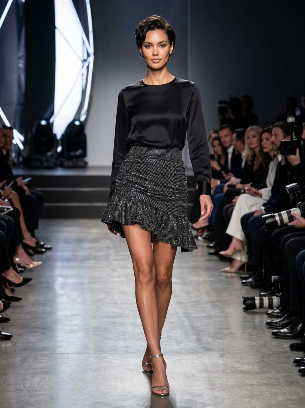 Zara Black Metallic Ruffle-Hem Mini Skirt